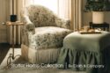 image of cozy cream colored upholstered chair with bullion fringe and green ottoman with ruffled skirt