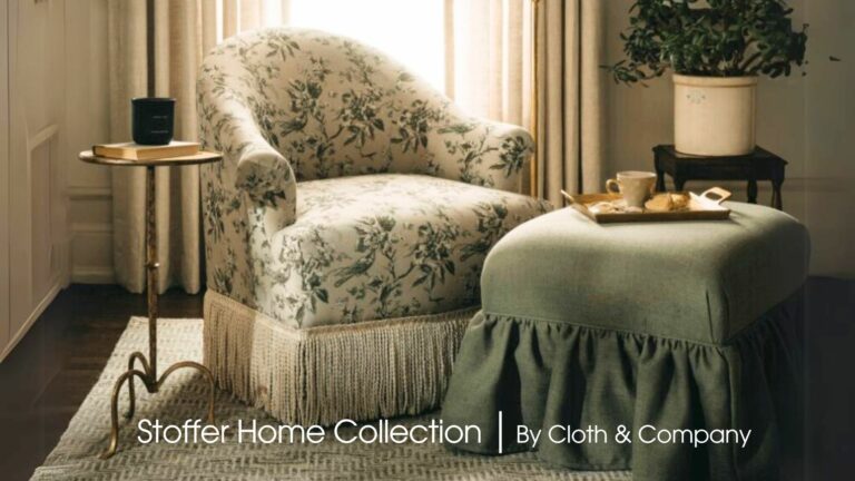 image of cozy cream colored upholstered chair with bullion fringe and green ottoman with ruffled skirt