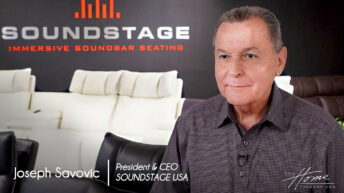 image of man in gray shirt in room with sectional seating recliners and Soundstage logo, text: Joseph Savovic, President & CEO Soundstage USA