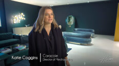 Image: woman in black dress in front of modern furniture display teal couch and coffee table Text: Katie Coggins, Caracole Director of Merchandising