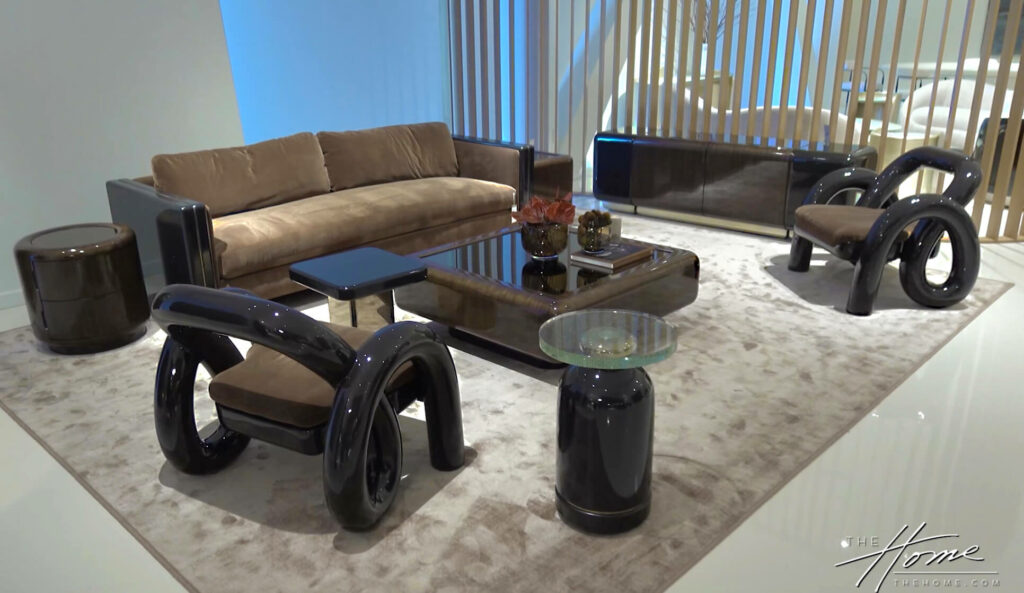 Image: living room with brown modern design furniture on tan rug