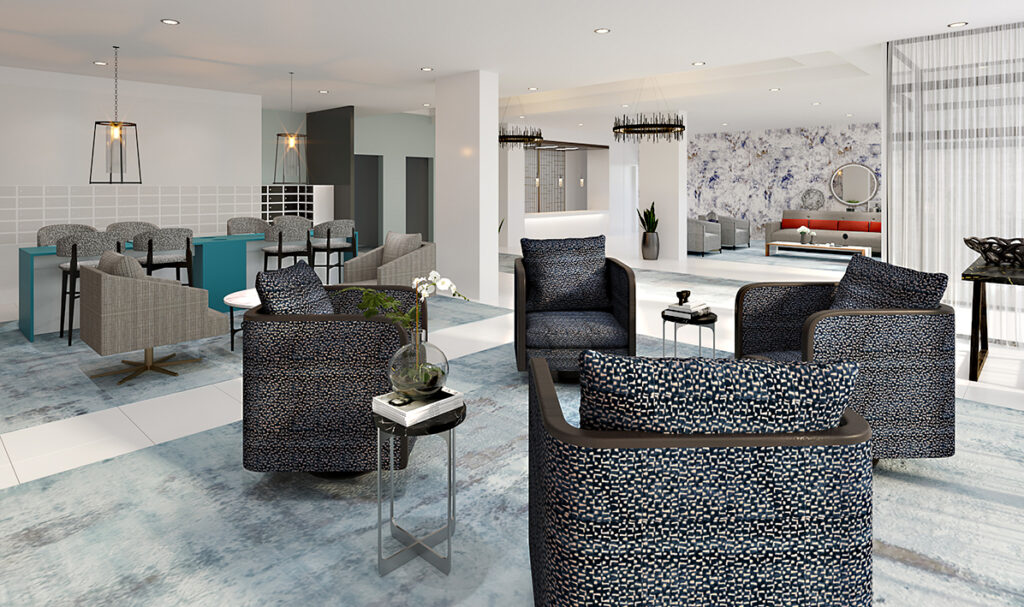 Image: multi family housing lobby wutg black and white swivel chairs on a blue pattern carpet, decorative lighting