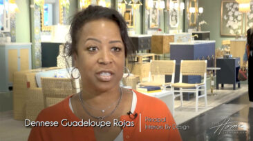 Image: black woman in orange sweater in showroom of home furnishings. text: Dennese Guadeloupe Rojas, Principal, Interiors By Design