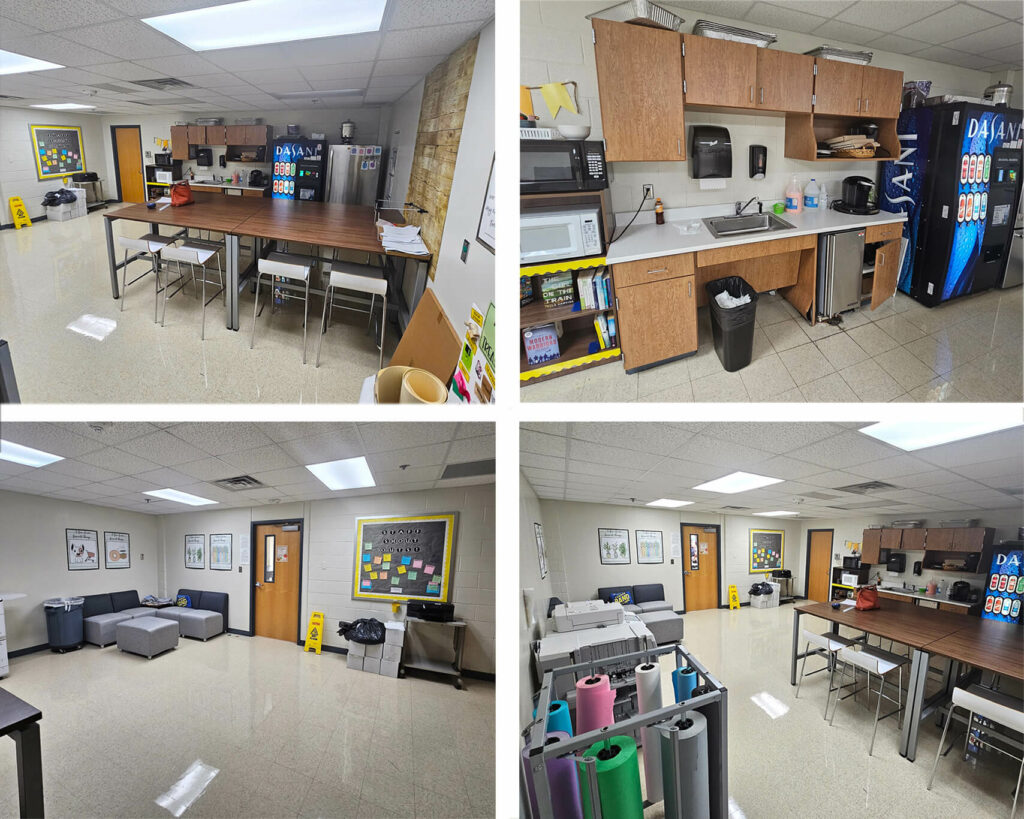 4 photos showing teachers' lounge before the Design Besties makeover with various angles of teacher's lounge and kitchen areas