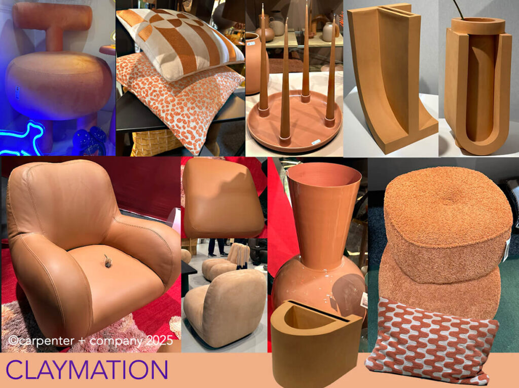 Image: Patti Carpenter color trend photo collage with claymation color, terracotta leather lounge chair, ottomans, vase, pillows, candles