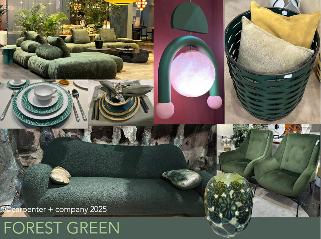 Image: Patti Carpenter color trend- forest green photo collage with green sectional sofa, lounge chairs, basket, sofa, dining set, & lighting