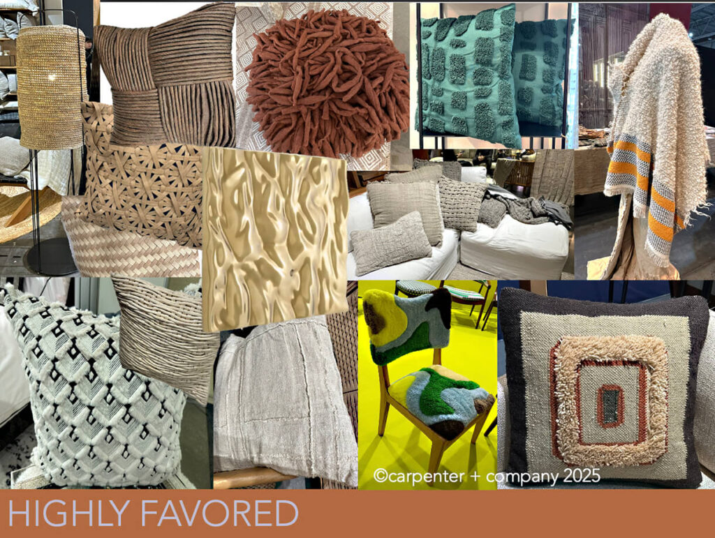 Patti Carpenter color trend photo collage of textures called Highly Favored pillows, shawl, lamp, side chair and home decor items